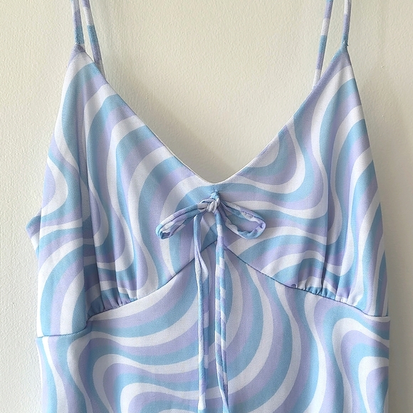 Baby Blue, White, & Lavender Sheer Babydoll Lettuce Trim Midi Dress Size M - Picture 2 of 12